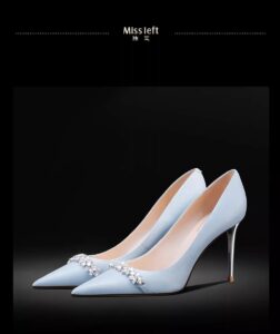 Zircon light blue pointed leather high heels