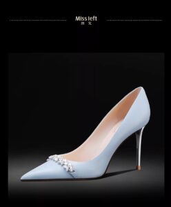 Zircon light blue pointed leather high heels
