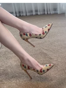 Summer cherry print pointed thin heel shallow high heels