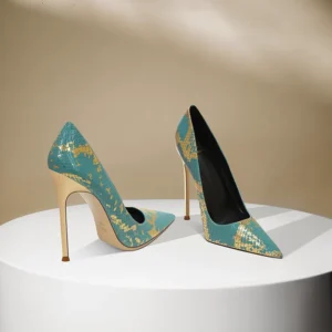 French European and American snake patterned blue high heels for women with slim heels