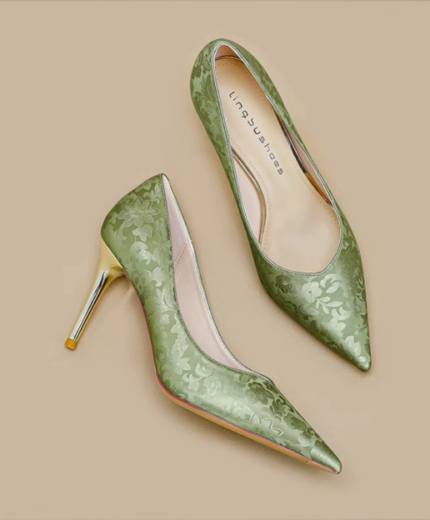 Embroidered champagne colored high heels